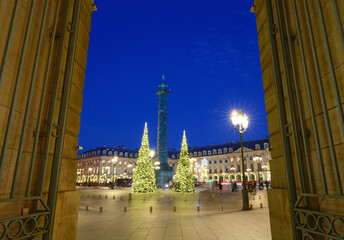 The place Vendome decorated for Christmas at night, Paris, France.