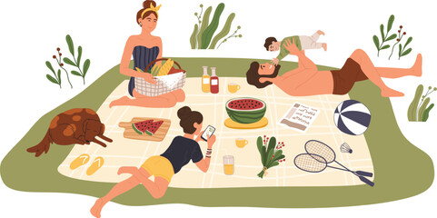 Fototapeta premium Family relaxing on picnic blanket, eating watermelon and other fresh food, playing badminton, using phone, and taking care of baby and dog, enjoying summer day outdoor
