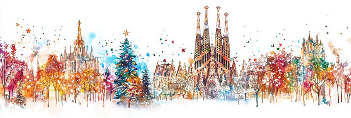 Barcelona Christmas Watercolor Illustration - Festive watercolor painting of Barcelona skyline, Christmas tree, autumn trees, Sagrada Familia, and winter atmosphere. Symbolizing Christmas, travel, arc