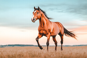 Obraz premium A brown horse is running in a field with a blue sky in the background
