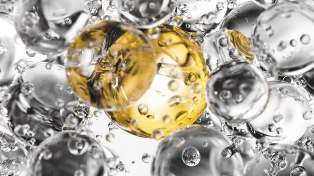 Gold cosmetic serum with liquid bubbles in a 3D abstract background. Hydrating essence gel enriched with collagen molecules. Moisturizing cream or oil for advanced skincare, beauty, and skin health.