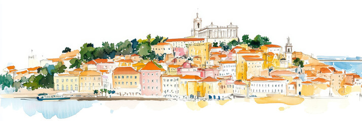 Lisbon Watercolor Panorama: Charming Cityscape - Watercolor illustration of Lisbon, Portugal, showcasing its colorful buildings, waterfront, and historical architecture. Evokes travel, history, art, a