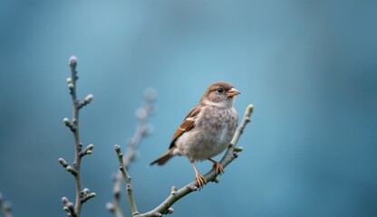 Sparrow perched on a branch, peaceful mood, springtime background