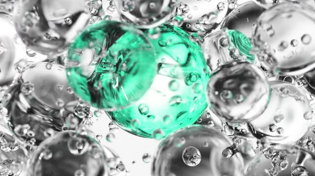 Turquoise cosmetic serum with liquid bubbles in a 3D abstract background. Hydrating essence gel enriched with collagen molecules. Moisturizing cream or oil for advanced skincare, beauty.