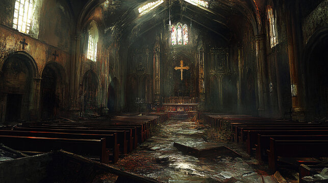 A desecrated sanctuary, its holy symbols defaced and pews overturned.