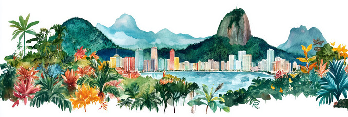Rio de Janeiro Watercolor Panorama - Vibrant watercolor painting of Rio's cityscape, beaches, Sugarloaf Mountain, lush tropical plants, and iconic architecture.  Evokes travel, nature, and Brazilian c