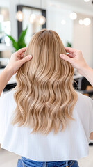 Fototapeta premium A woman with long blonde hair is getting her hair done at a salon