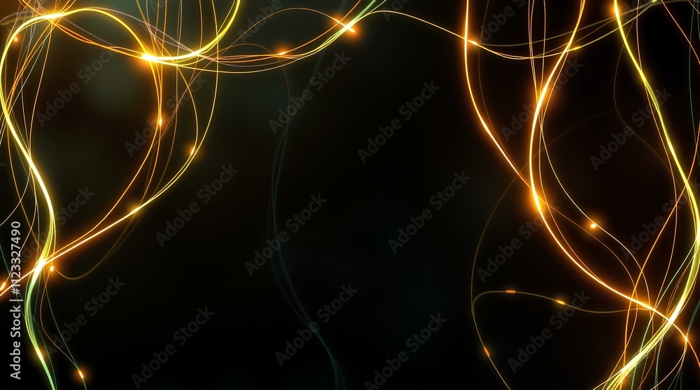 Poster dynamic black background with golden glowing curved lines and abstract light trails
