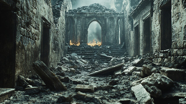 A desecrated shrine where charred remains of relics are scattered amidst the wreckage of stone walls.