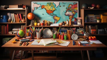 World Map Study Desk Books, Globes, Pencils, and Organized Chaos