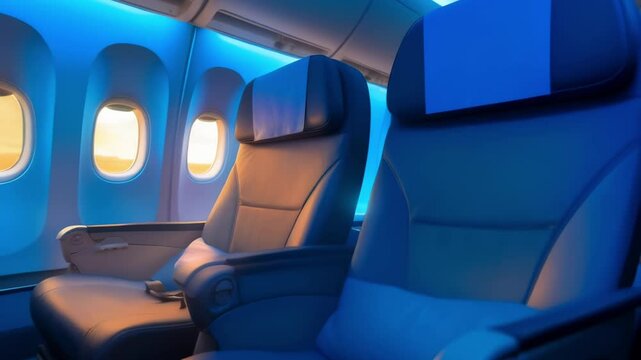 Warm sunset light reflecting on empty airplane seats, creating a cozy and inviting atmosphere in the cabin, enhancing the experience of travel and relaxation during flight