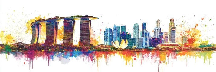 Vibrant Watercolor Skyline of Singapore - Stunning watercolor illustration of Singapore's iconic skyline, featuring Marina Bay Sands, skyscrapers, and the city's vibrant energy.  Captures architecture