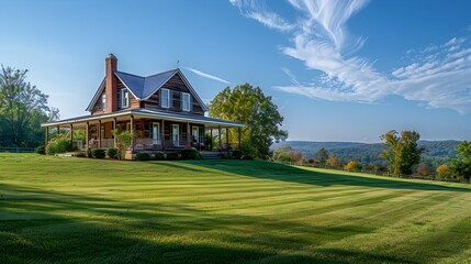 A large house with a porch sits on a grassy hill