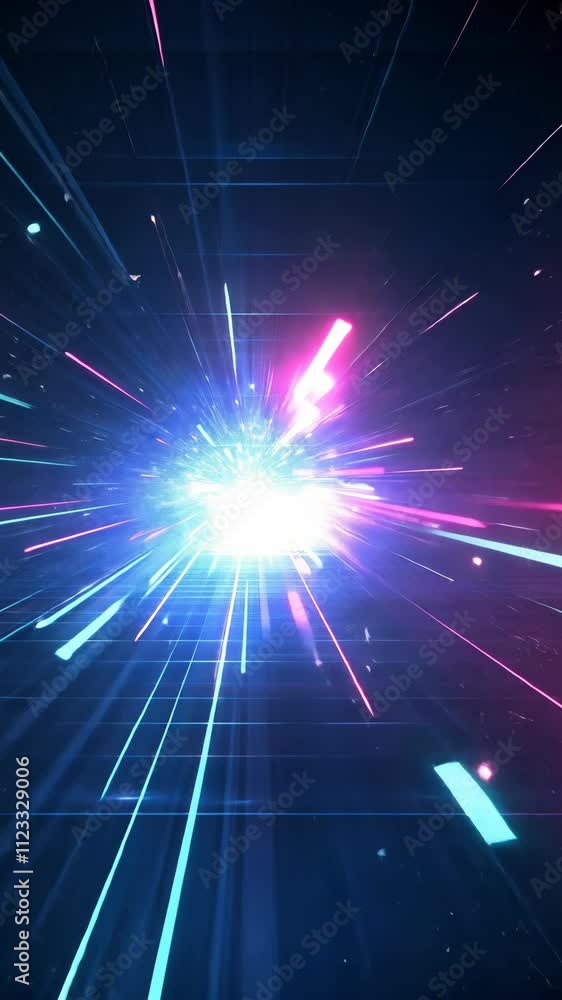 Poster bright light burst creates a stunning visual effect with dynamic lines and colors in a digital space