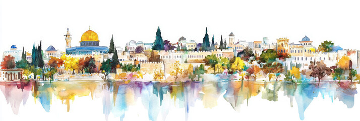 Naklejka premium Watercolor Jerusalem Skyline Panorama - Vibrant watercolor painting of Jerusalem's skyline, featuring the Dome of the Rock, ancient walls, and lush trees. Symbolizes history, faith, peace, culture, a