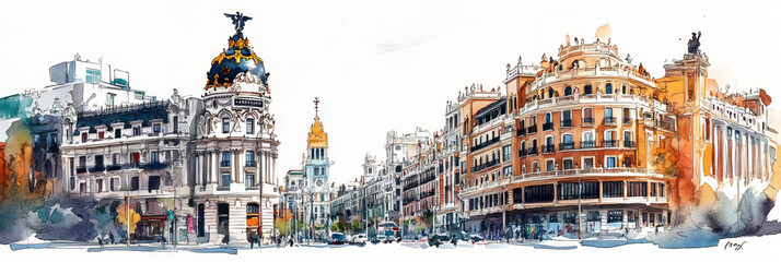 Watercolor Madrid Cityscape: Gran Via Elegance - Vibrant watercolor painting of Madrid's Gran Via, showcasing architecture, cityscape, Spanish charm, travel, and urban life.