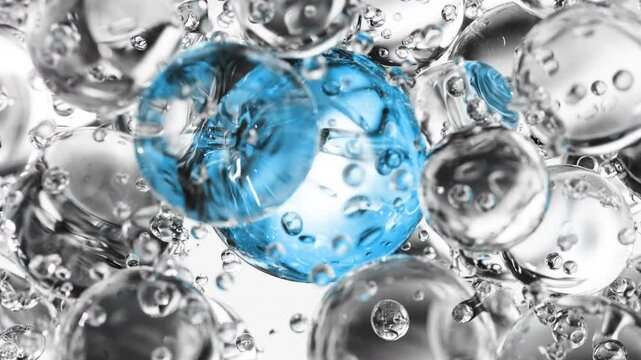 Blue cosmetic serum with liquid bubbles in a 3D abstract background. Hydrating essence gel enriched with collagen molecules. Moisturizing cream or oil for advanced skincare, beauty, and skin health.