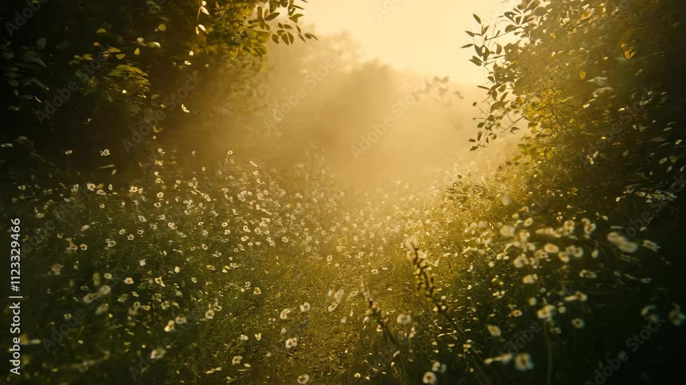 Poster Sunlight filters through trees illuminating a path covered with wildflowers in a serene outdoor setting