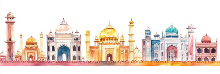 Obraz premium Watercolor Panorama of New Delhi's Architectural Wonders - Vibrant watercolor illustration showcasing iconic New Delhi architecture, symbolizing culture, history, religion, tourism, and India.