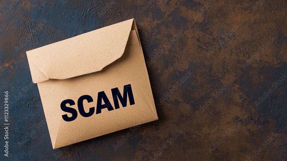 Poster scam calls concept. envelope marked with scam on a textured background, highlighting caution.