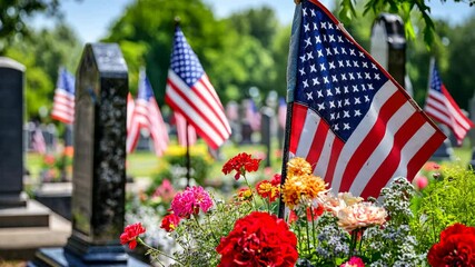 Flags and flowers decorate a cemetery during a remembrance event for veterans in summer