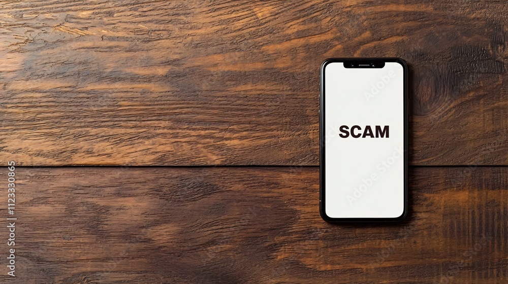Poster scam calls concept. mobile phone displaying scam text on a wooden table surface.