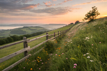 Sunset Serenity on a Grassy Hill with Wooden Fence and Wildflowers