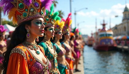 Naklejka premium Women in colorful carnival costumes by riverside parade