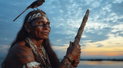 Indigenous man holding a wooden staff with bird perched on head