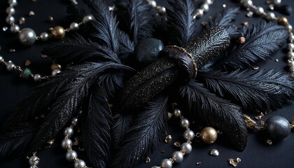 Black feathers with pearls and beads on dark background