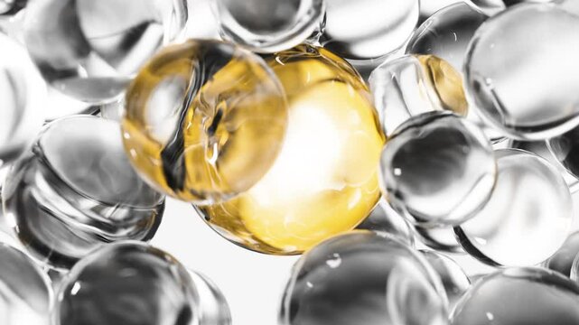 Gold cosmetic serum with liquid bubbles in a 3D abstract background. Hydrating essence gel enriched with collagen molecules. Moisturizing cream or oil for advanced skincare, beauty, and skin health.