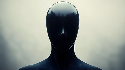 Abstract black mannequin with a glossy surface against a neutral misty background.
