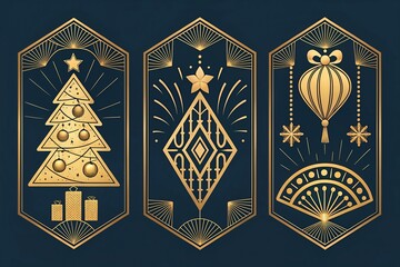 golden ornament on a black background Santa and gifts, quirky snowman or psychedelic Christmas tree decoration characters