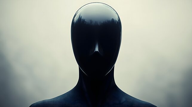 Abstract black mannequin with a glossy surface against a neutral misty background.
