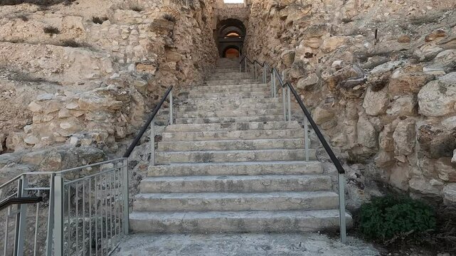 View of the stone steps leading to the main palace entrance at Herodium, Israel. A stunning blend of ancient architecture and history in the heart of the Judean desert- Israel.