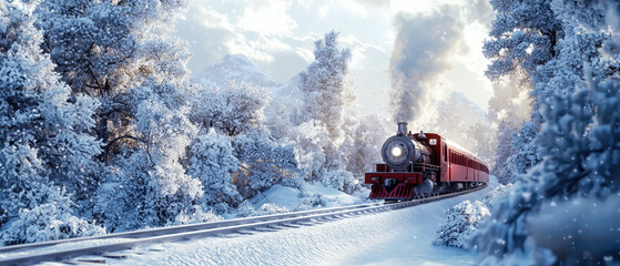 Charming steam locomotive, train, railway sparkling with festive lights on gorgeous winter landscape.  Christmas scene for greeting card designs, promotions. Generative ai
