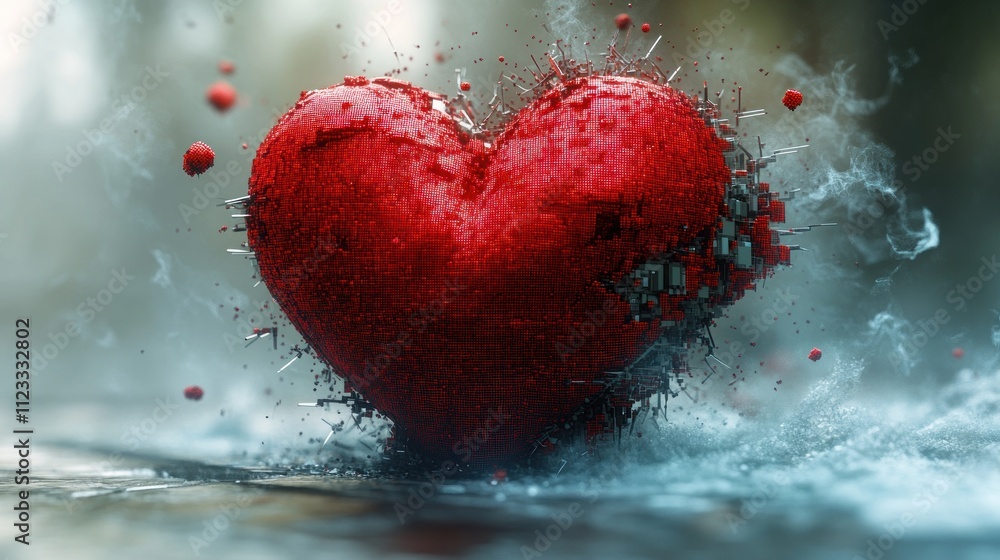 Poster a fragmented red heart surrounded by splashes, symbolizing emotion.