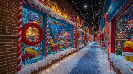 Fototapeta premium Toyland holiday storefront with oversized toy decorations and lights