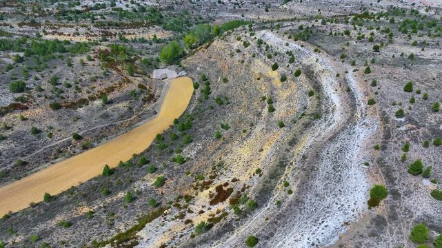 Landscape at the Roman Aqueduct of the village of Zaorejas. Aerial view from drone. Molina Alto Tajo Geopark. Alto Tajo Natural Park. Guadalajara. Castilla la Mancha. Spain. Europe. Rewilding Europe