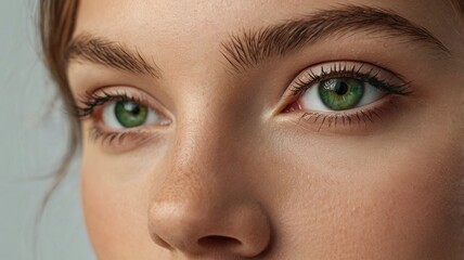Fototapeta premium A close-up image showcasing the beautiful green eyes of a woman with natural makeup. Ideal for beauty, skincare, or eye care concepts, this high-quality photo emphasizes elegance and allure.