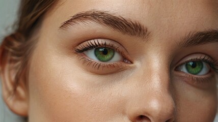 Obraz premium A close-up image showcasing the beautiful green eyes of a woman with natural makeup. Ideal for beauty, skincare, or eye care concepts, this high-quality photo emphasizes elegance and allure.