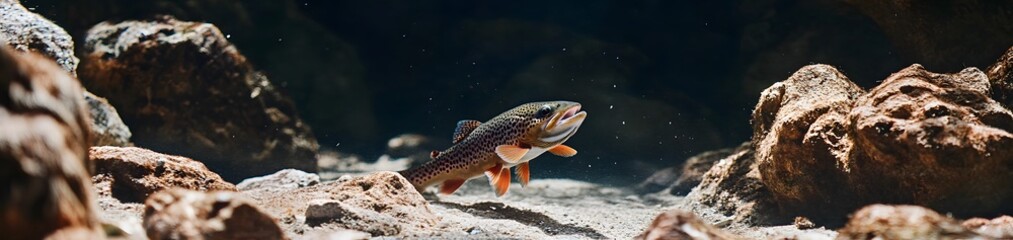 A fish swimming among rocks in a serene underwater environment.