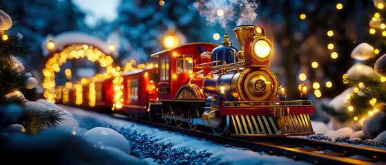 Obraz premium 3d composition with magical Christmas steam train gliding through a snowy winter wonderland,glowing with festive lights and holiday charm. Perfect for seasonal designs and promotions.Generative ai