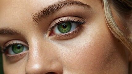 Fototapeta premium A close-up image showcasing the beautiful green eyes of a woman with natural makeup. Ideal for beauty, skincare, or eye care concepts, this high-quality photo emphasizes elegance and allure.