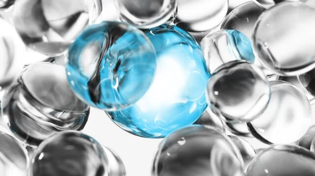 Blue cosmetic serum with liquid bubbles in a 3D abstract background. Hydrating essence gel enriched with collagen molecules. Moisturizing cream or oil for advanced skincare, beauty, and skin health.