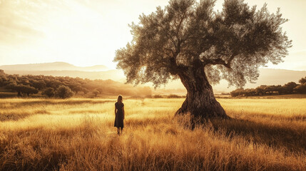 Lone woman in golden field under ancient olive tree at sunset