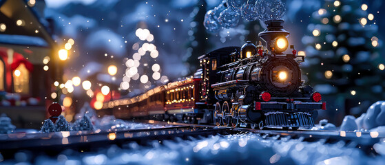 Obraz premium Cozy banner with Christmas train ride through a snow-filled countryside. Perfect for greeting postcards,holiday travel promotions, and festive branding. New Year mock up with copy space.Generative ai