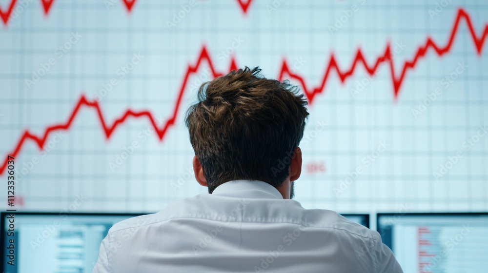 Poster supply chain risk concept. professional analyzing financial data on multiple screens with rising gra