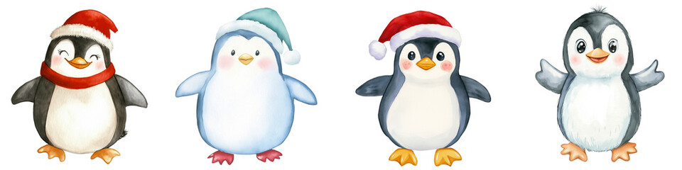 Fototapeta premium Collection , penguin in a hat, watercolor illustration set, cartoon style, transparent background, png
