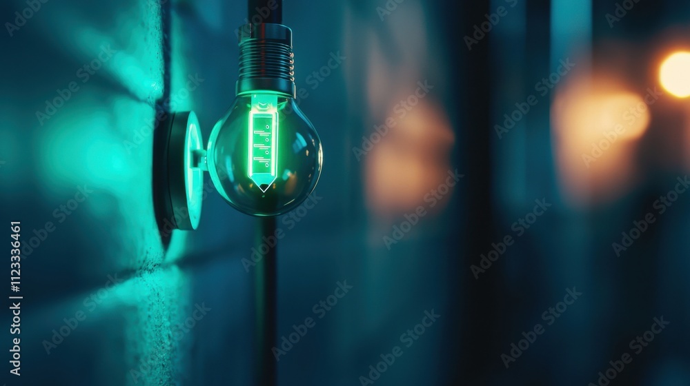 Poster A glowing light bulb with a green filament is mounted on a wall, casting a soft illumination in a dimly lit environment.